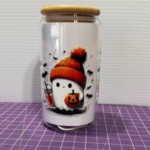 Ghost Themed Glass Tumbler with Bamboo Lid and Glass Straw